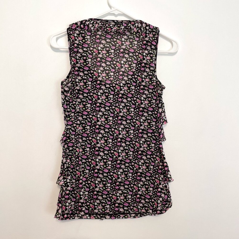 EXPRESS Black Purple Floral Mesh Tiered Ruffle Sleeveless Y2K Tank Blouse Top S - Picture 10 of 12